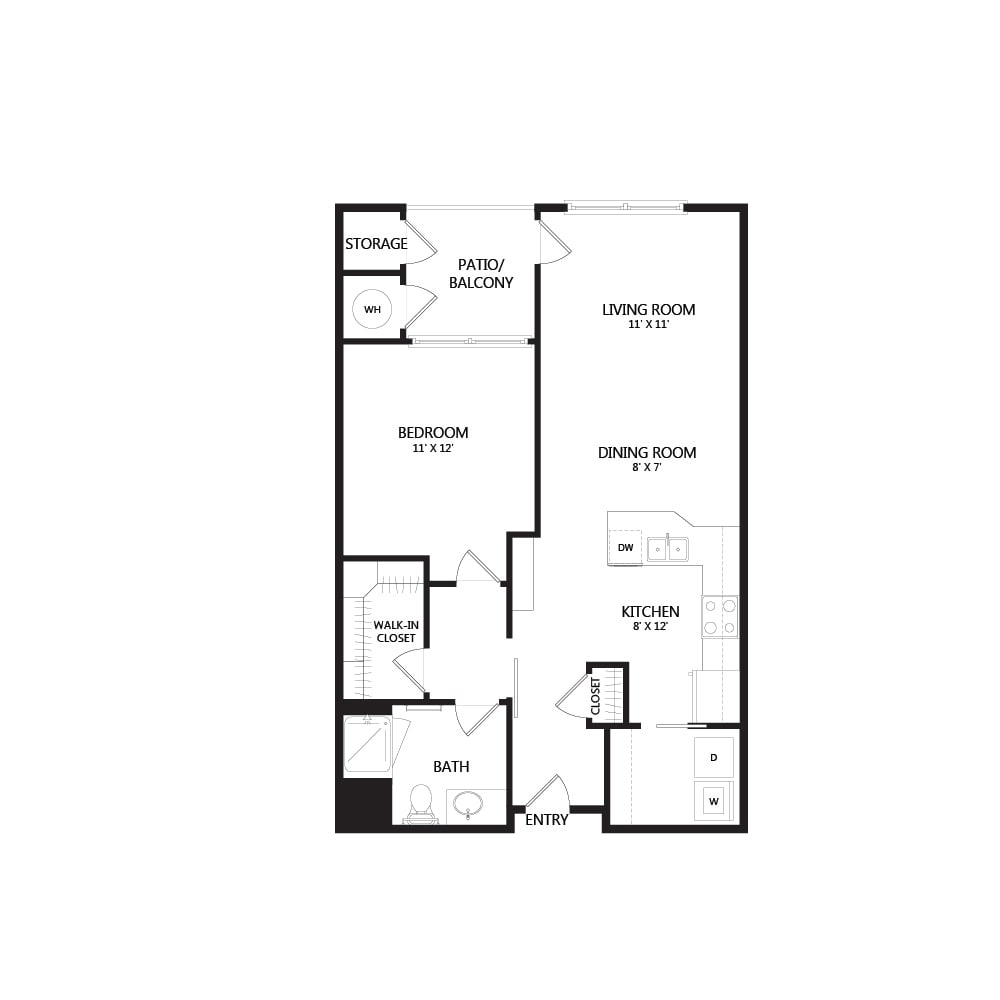 This is a floor plan of an apartment showing the layout of rooms including a bedroom, bathroom, living area, and kitchen.