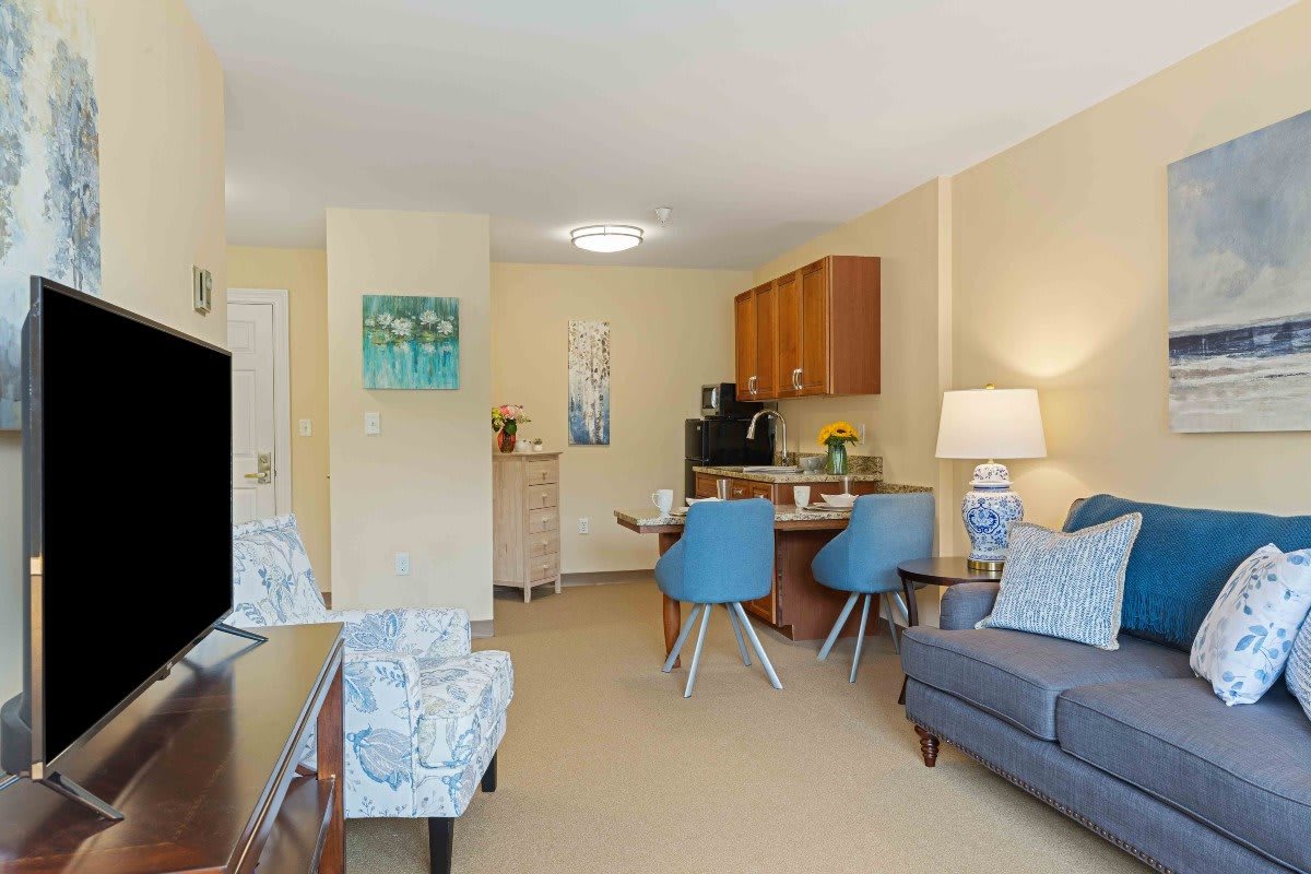 A cozy apartment interior featuring a modern living room and a small kitchenette.