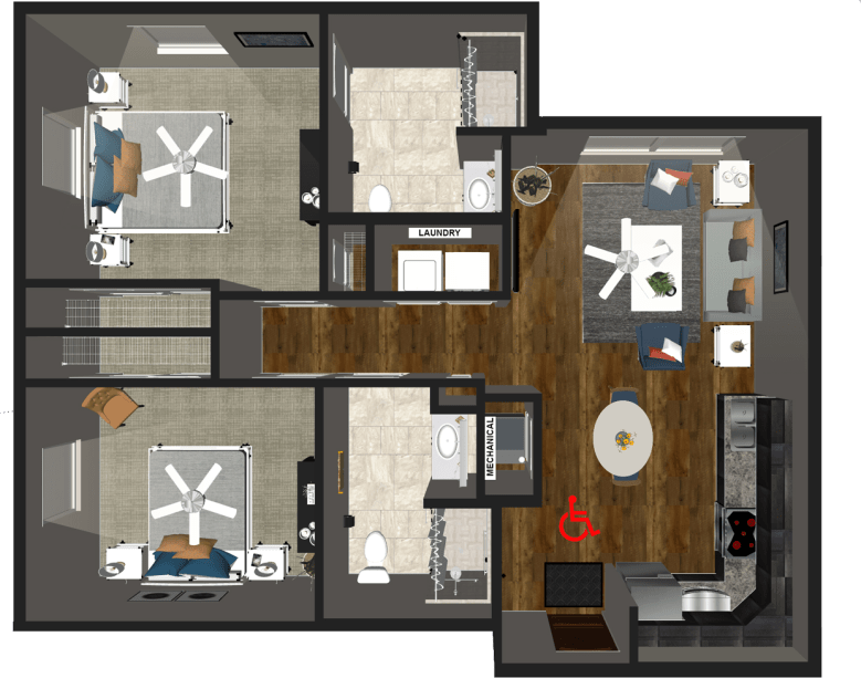 A two-bedroom apartment floor plan showcasing the layout of rooms and amenities.