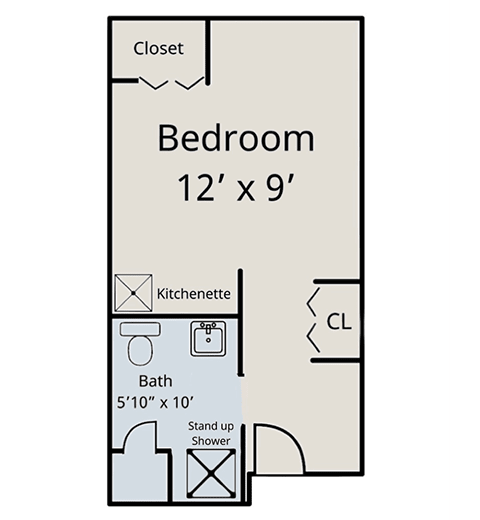 A floor plan featuring a bedroom and bathroom layout.