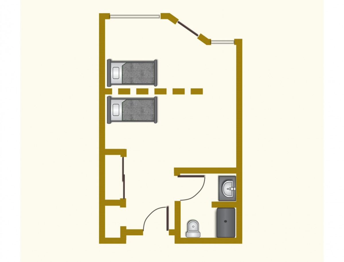 A simple floor plan illustrating a small residential layout with two beds and a bathroom.