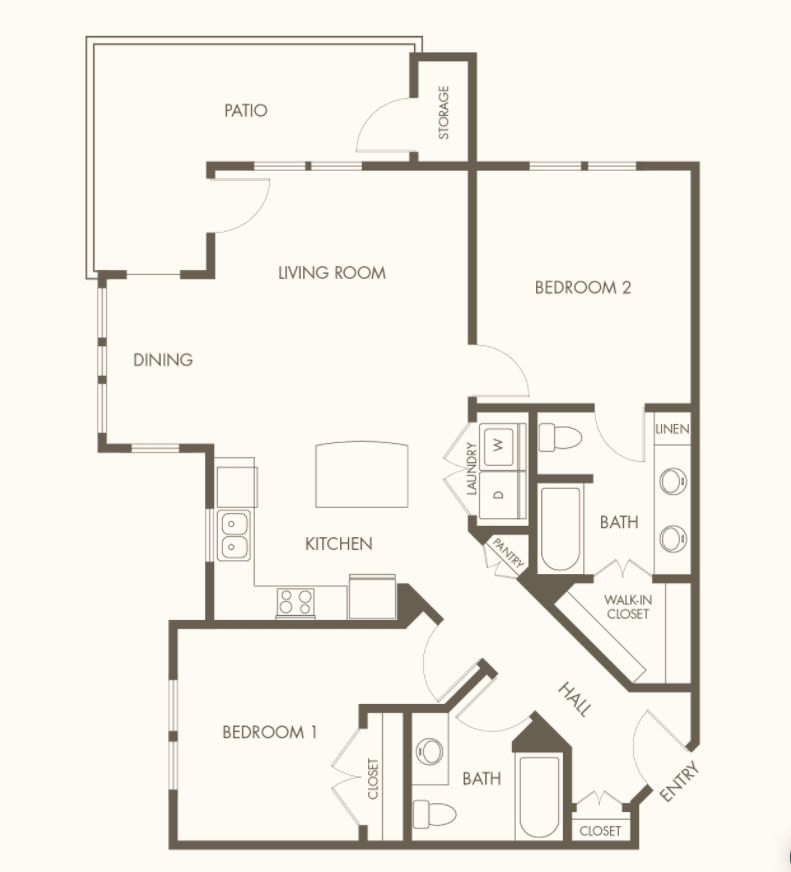 A floor plan layout of an apartment with multiple rooms and amenities.