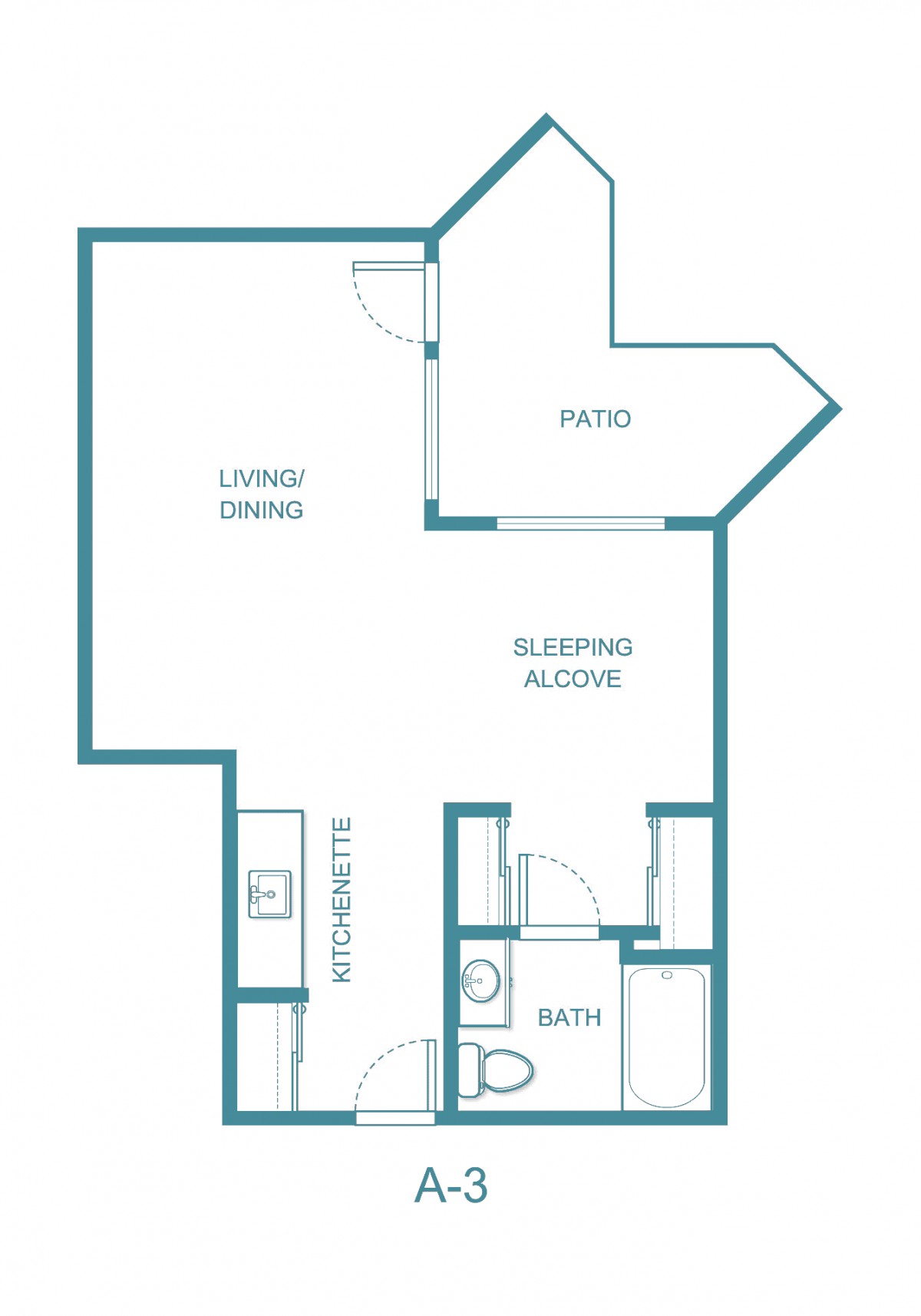 A floor plan illustrating the layout of an apartment with designated spaces for living/dining, kitchen, bath, and a sleeping alcove.
