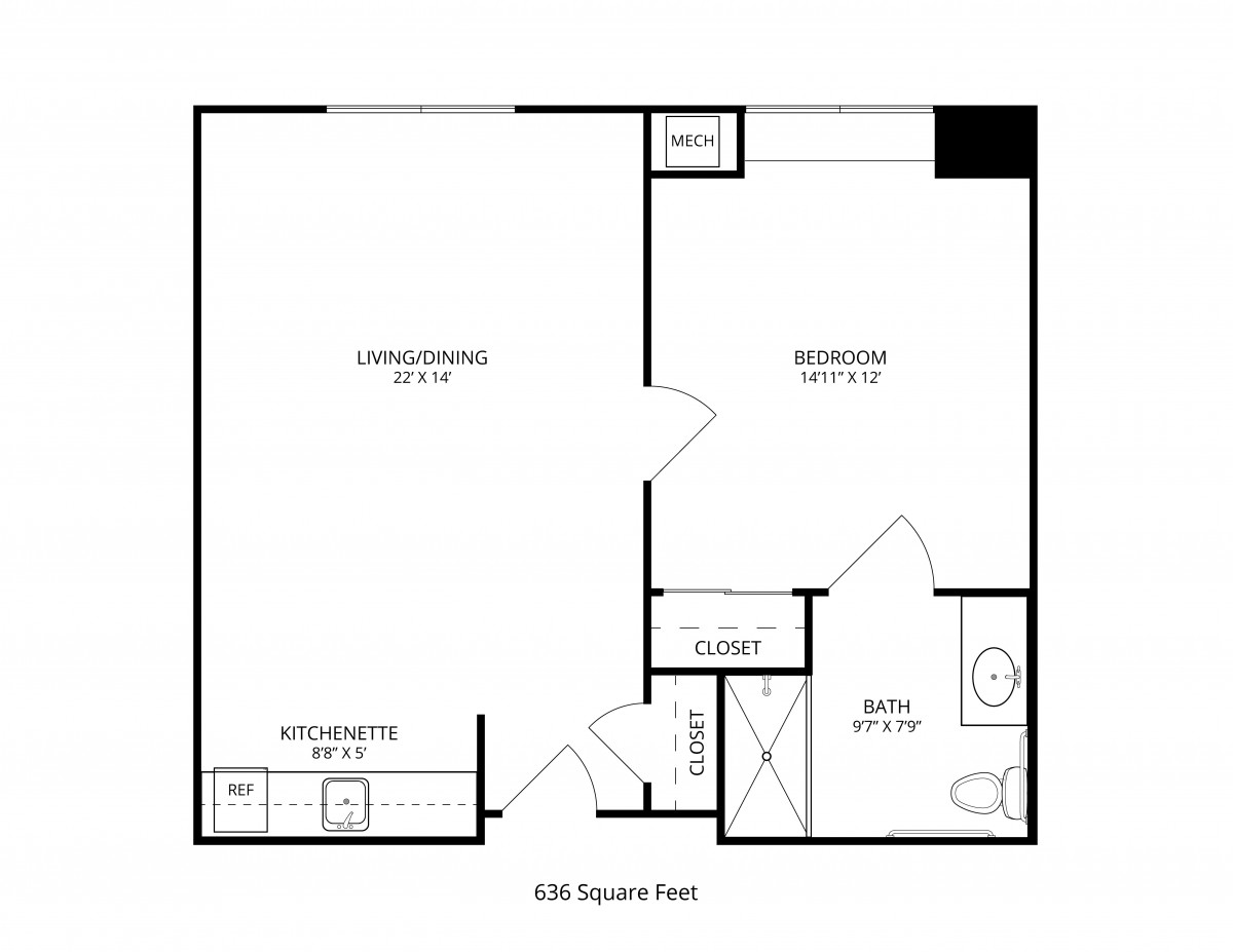 A floor plan of a one-bedroom apartment measuring 626 square feet.