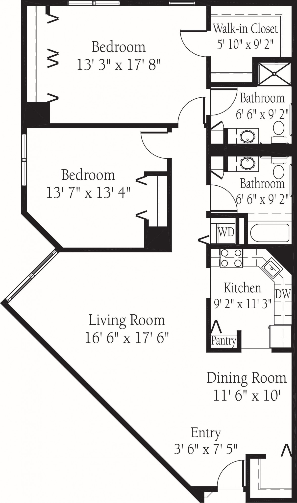 A detailed floor plan showing the layout of an apartment including bedroom, living room, dining room, kitchen, and bathroom with respective dimensions.