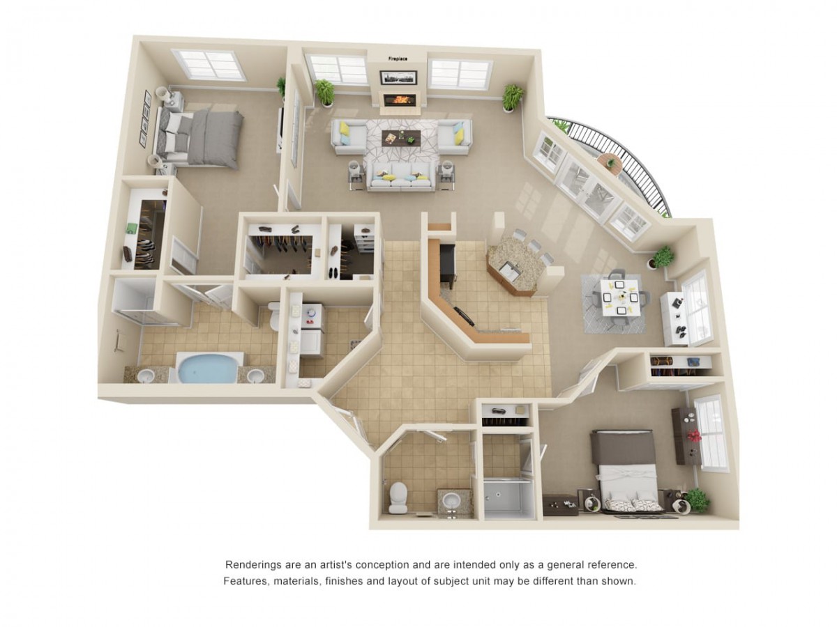 A detailed floor plan of a two-bedroom apartment featuring an open kitchen, living room, two bathrooms, and a curved balcony.
