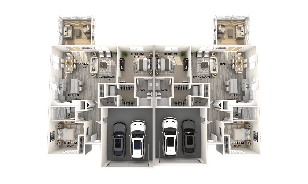A 3D floor plan showcasing a modern apartment layout with multiple rooms and garages.