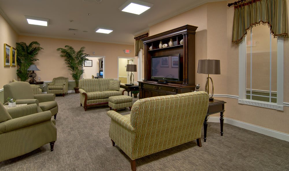 A cozy living room with sofas, chairs, a television, and elegant decor.