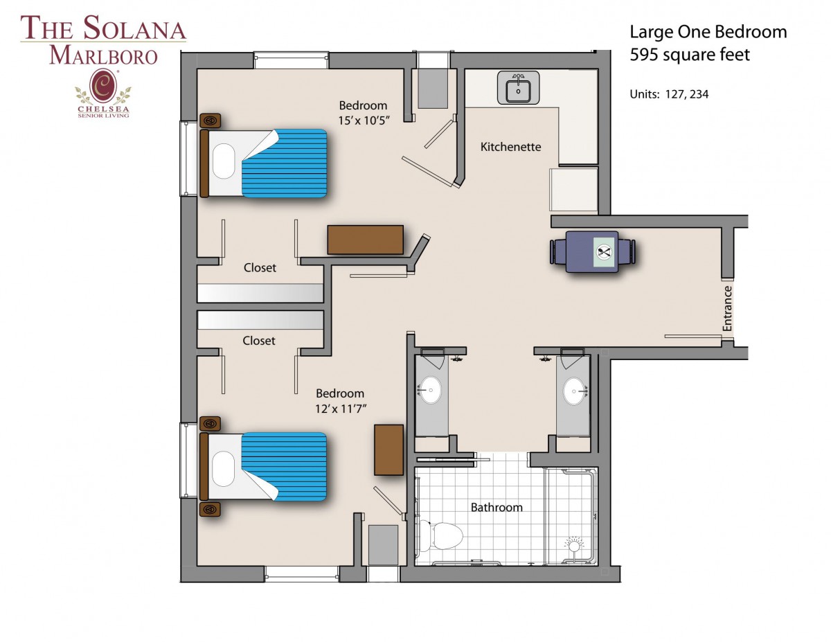 A detailed floor plan of a large one-bedroom apartment, showcasing the layout and room configurations.
