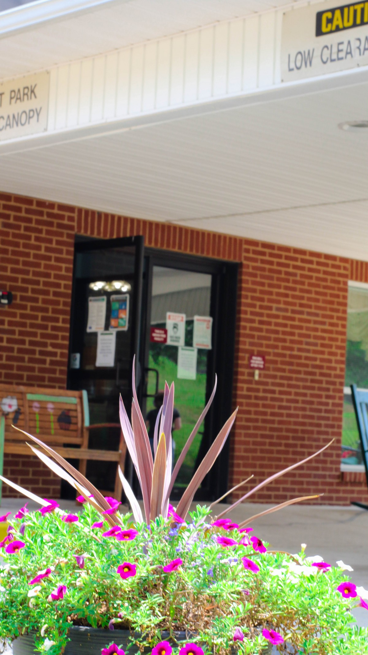 Entrance to a brick building with potted plants and benches outside.