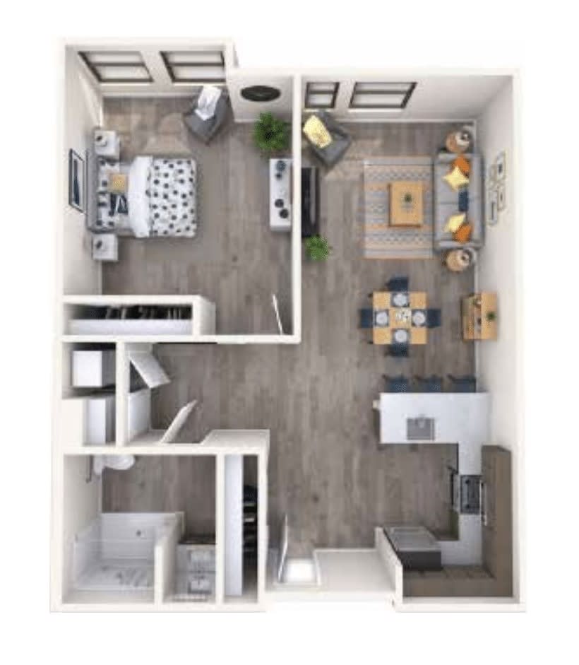 A modern, open-concept floor plan of a one-bedroom apartment featuring a kitchen, dining area, living room, and bathroom.