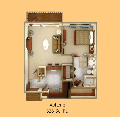 Ariel view of a single-bedroom apartment floor plan, labeled as 'Alcove' with an area of 636 sq ft.