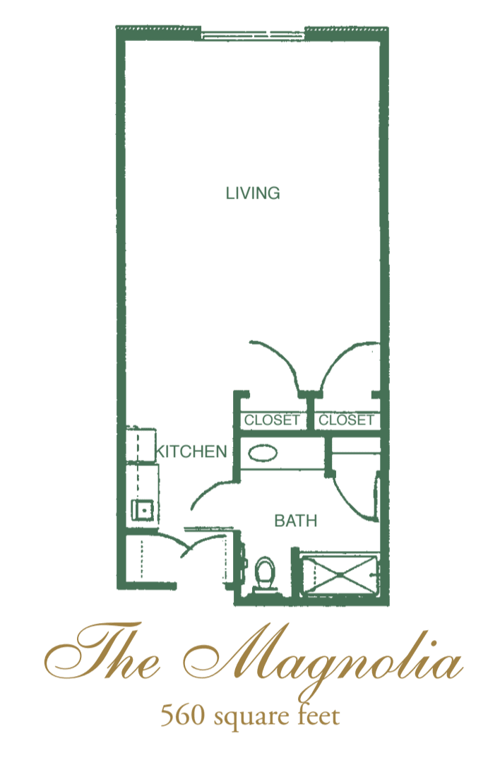 Studio apartment floor plan with a living area, kitchen, and bathroom.