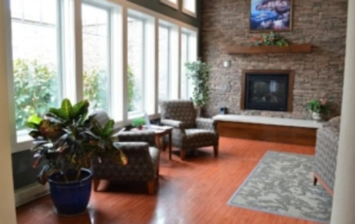 A cozy living room with armchairs by a fireplace, featuring hardwood floors and abundant natural light from large windows.