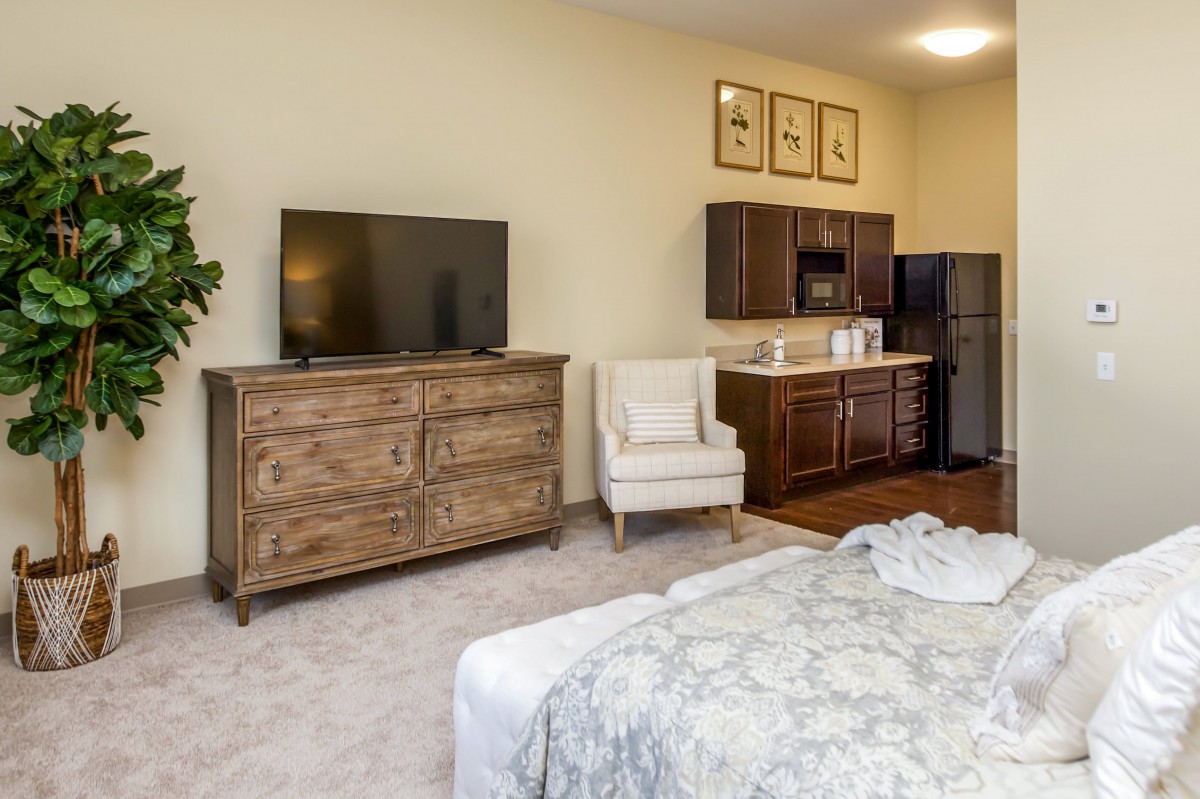 A cozy bedroom with a television, dresser, and a small kitchenette.