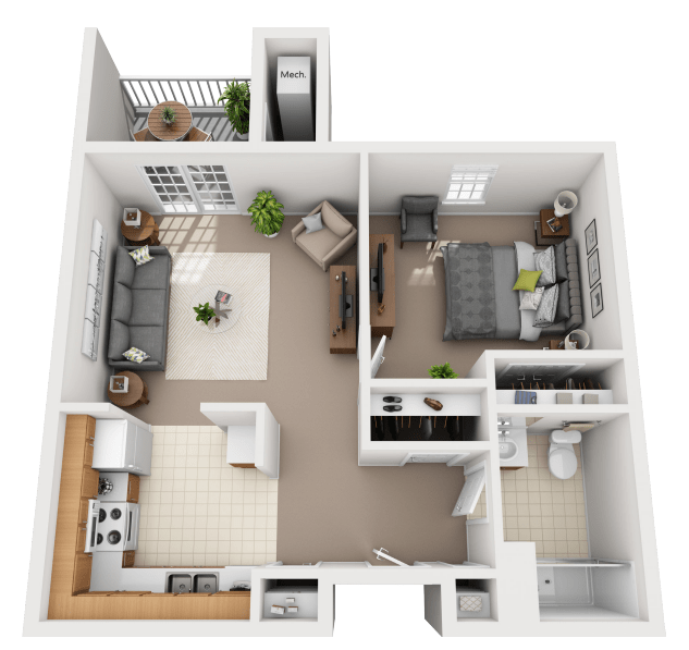 A 3D floor plan of a one-bedroom apartment with a living room, kitchen, bathroom, and balcony.