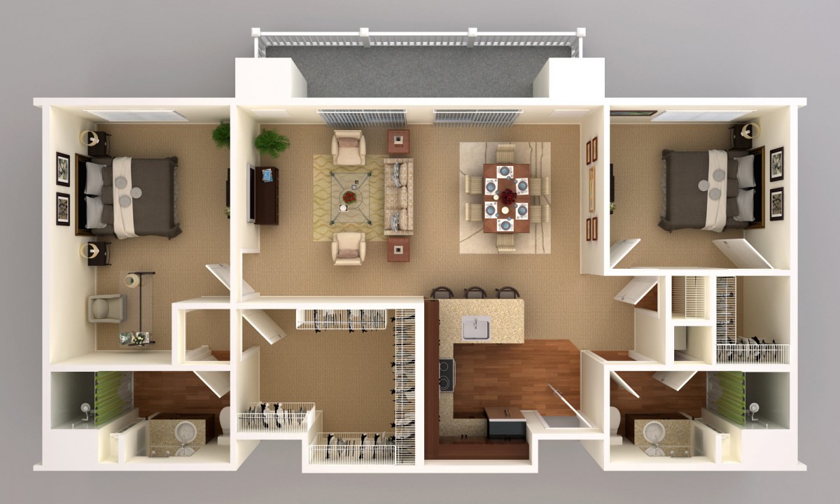 A 3D floor plan rendering of an apartment, showcasing the layout of rooms and furniture arrangement.
