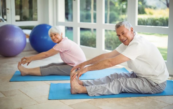 Elderly couple practicing stretching exercises indoors on yoga mats.