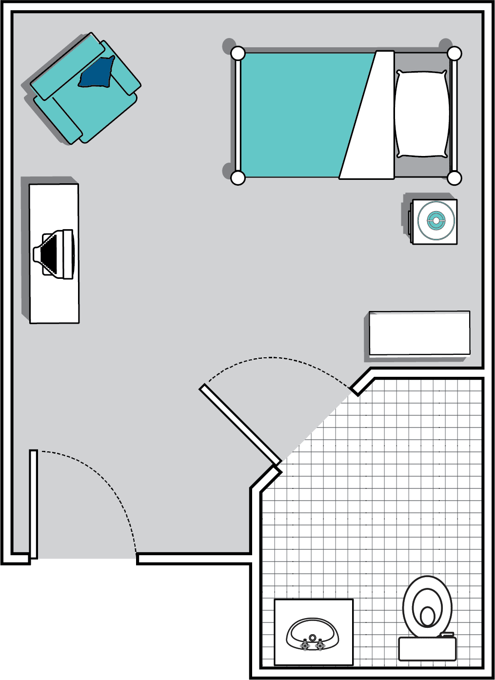 A simple floor plan of a bedroom featuring a bed, desk, and chair.