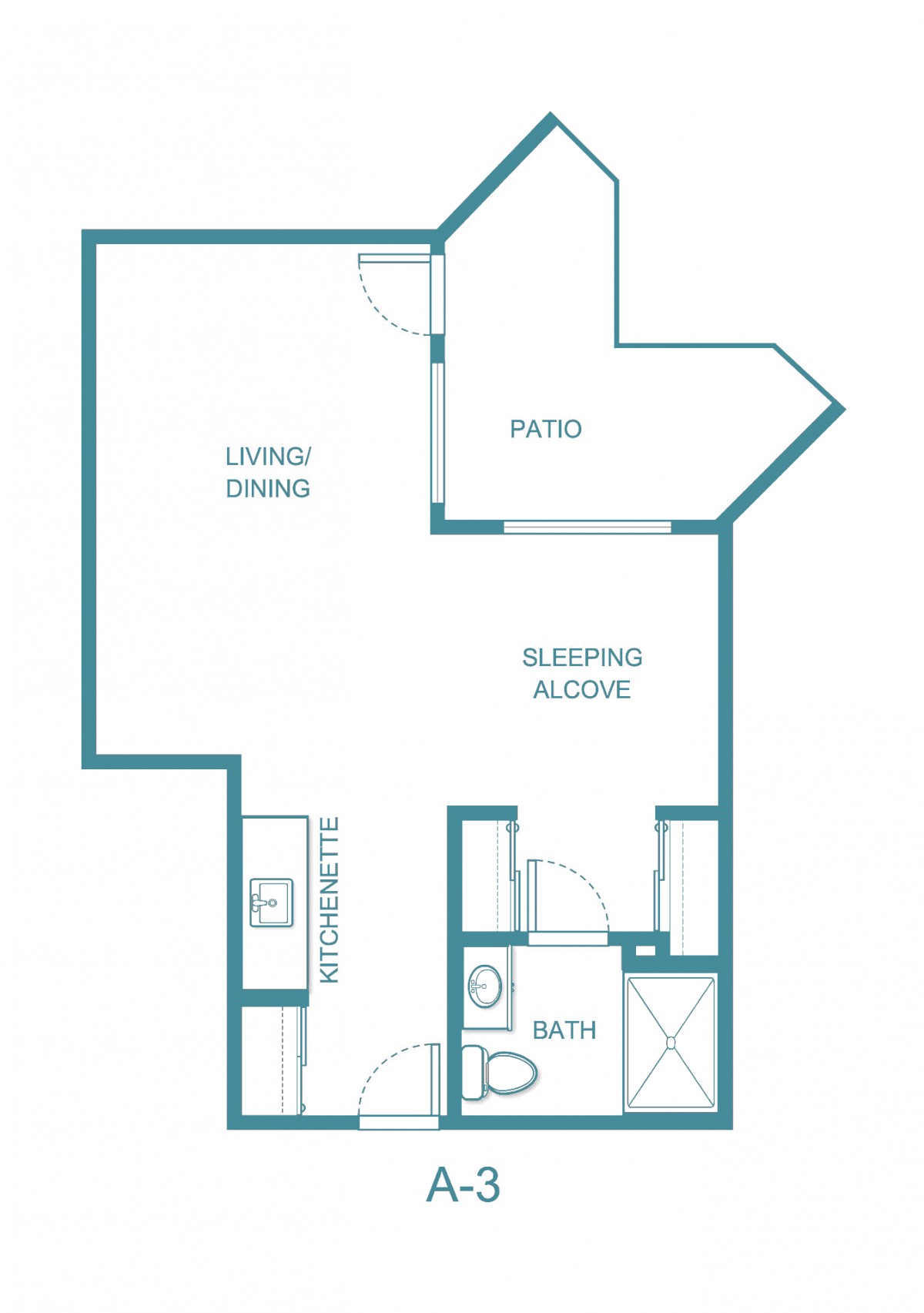 A studio apartment floor plan featuring a living/dining area, sleeping alcove, bathroom, and patio.