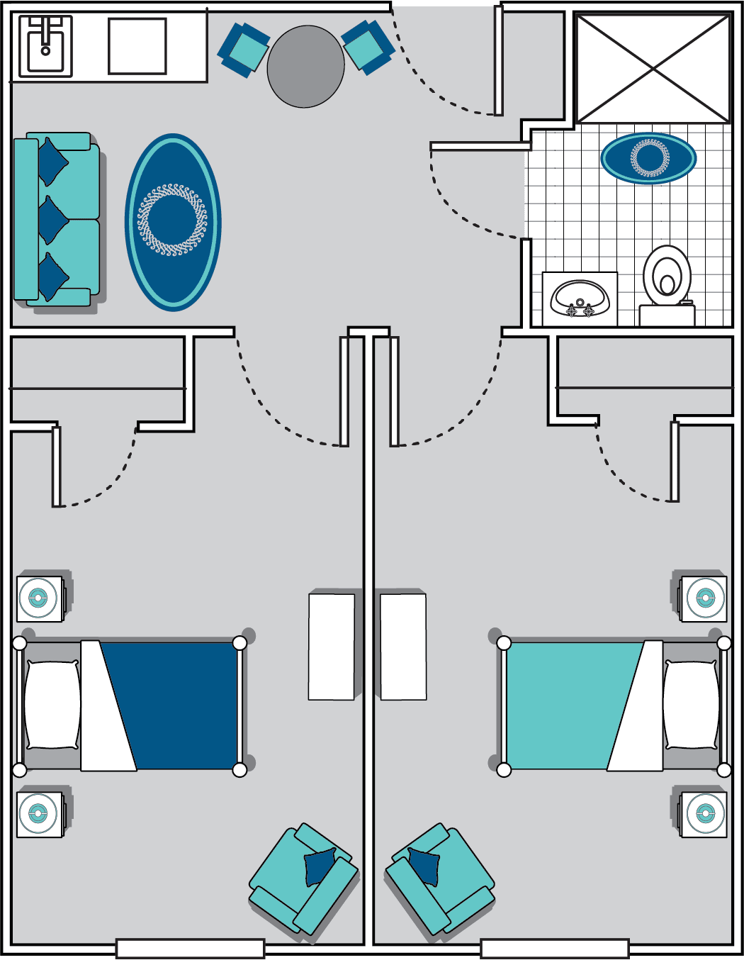 A floor plan depicting a two-bedroom apartment with a shared living room and bathroom.