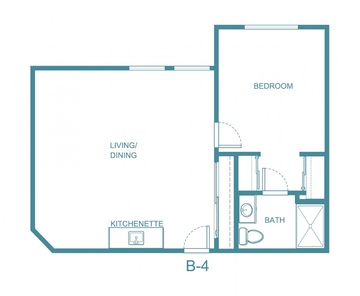 A simple one-bedroom apartment floor plan with a living/dining area, kitchen, bathroom, and bedroom.