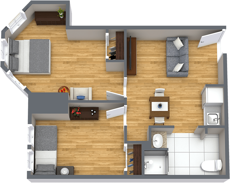 A 3D floor plan of an apartment showcasing the layout of rooms and furniture.