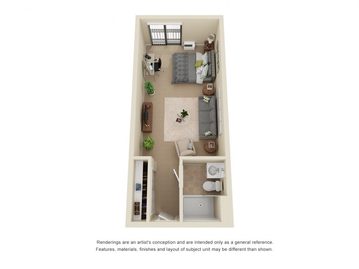 3D floor plan of a studio apartment with a bedroom, living area, kitchen, and bathroom.