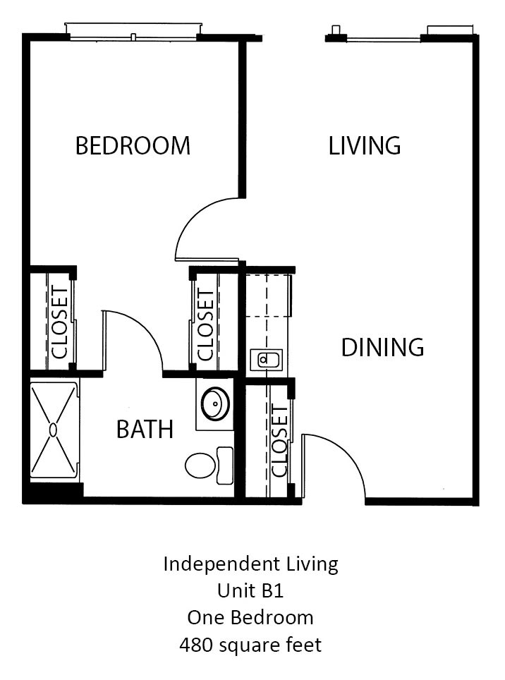 A floor plan for an independent living unit featuring a bedroom, bathroom, living, and dining areas.