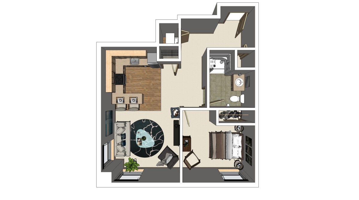 A 3D-rendered floor plan of an apartment featuring a kitchen, living room, bedroom, and bathroom.