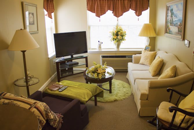 A cozy living room with a sofa, television, and a decorative coffee table in front of a curtained window.