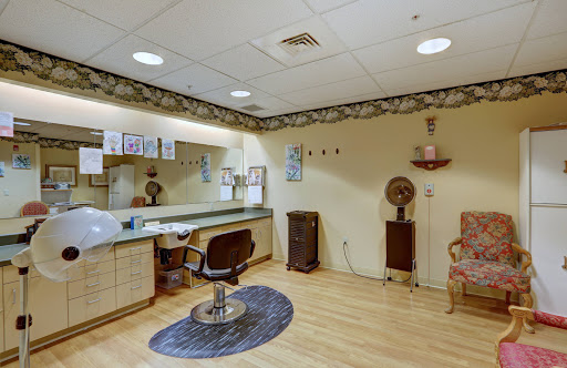 A well-appointed hair salon interior featuring a vanity, comfortable chair, and decorative elements.
