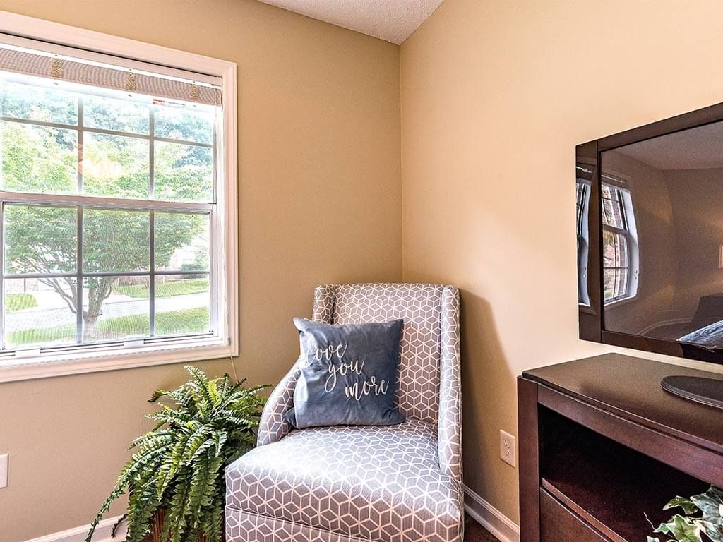 A cozy corner with a patterned chair, decorative pillow, and greenery by the window.