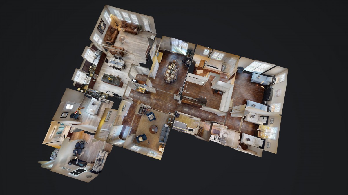 3D floor plan rendering of an apartment displaying multiple rooms and their layout.