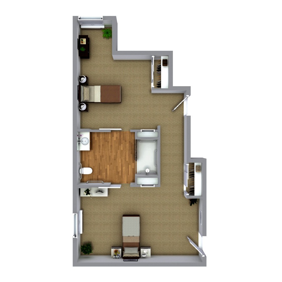 A 3D floor plan of a studio apartment featuring a well-organized layout with designated areas for a bedroom, living room, kitchen, and bathroom.