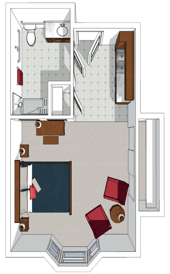 A studio apartment floor plan featuring a combined living and sleeping area, a small kitchen, and a bathroom.