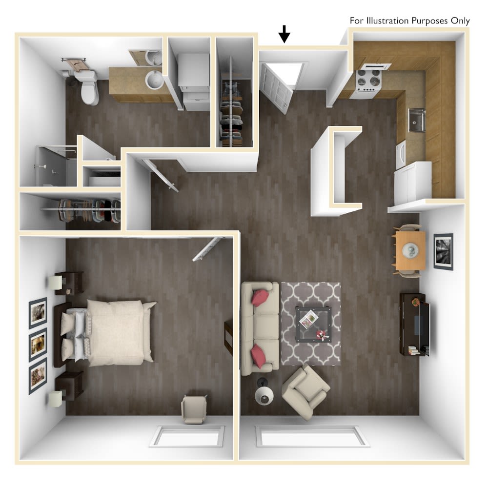 A 3D floor plan of a one-bedroom apartment, featuring a living room, kitchen, and bathroom.