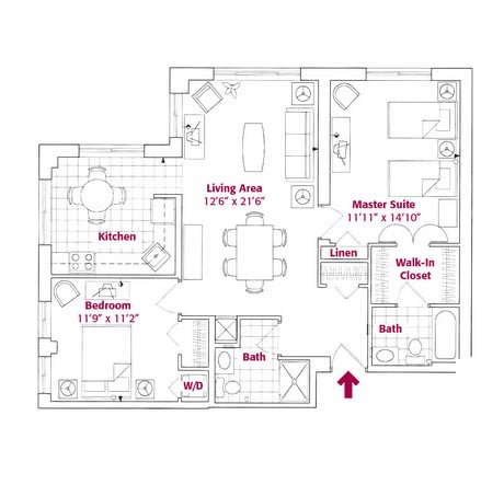A detailed floor plan of an apartment featuring a living area, kitchen, master suite, bedroom, and multiple baths.