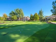 A sunny day on a well-maintained golf putting green surrounded by trees.