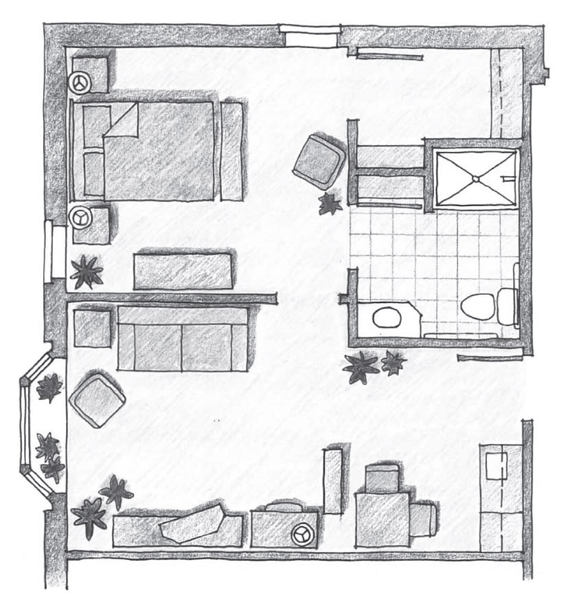 Hand-drawn floor plan of a single-bedroom apartment.