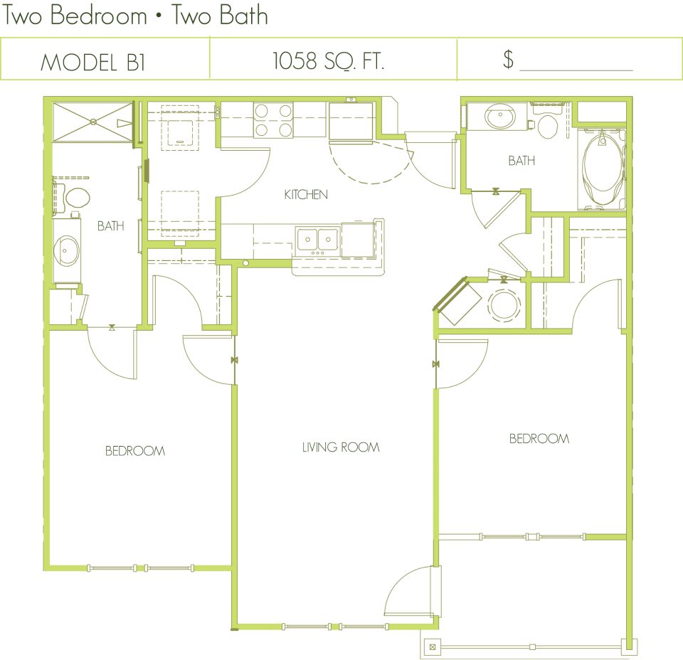 A floor plan depicting a two-bedroom, two-bathroom apartment layout.