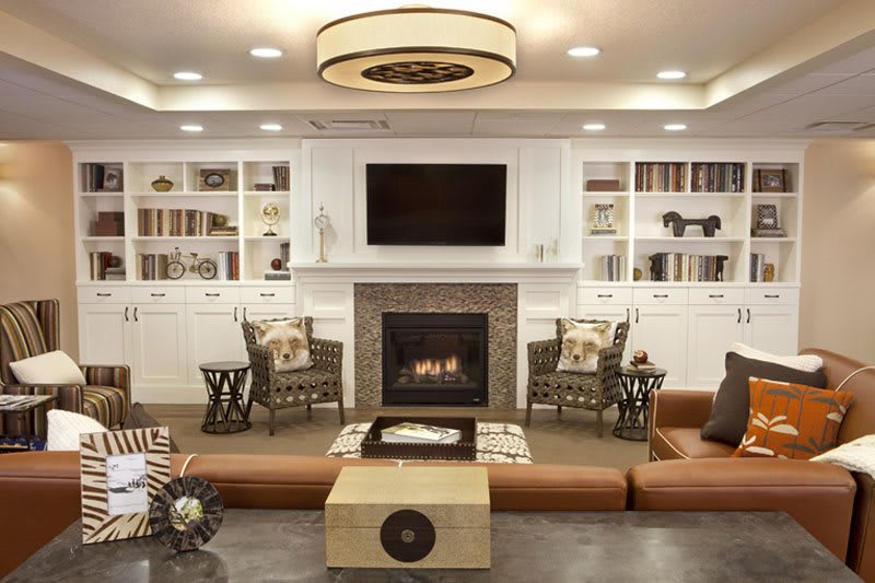 A modern living room with a fireplace, television, and built-in bookshelves.
