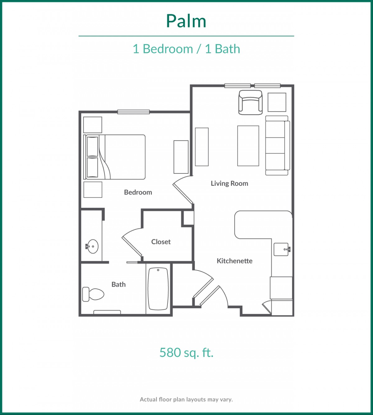 A floor plan of a 1-bedroom, 1-bathroom apartment, measuring 580 sq. ft.