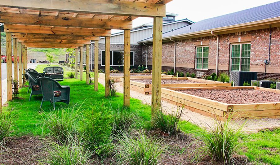 A serene outdoor garden area featuring raised wooden planters and a pergola next to a brick building.