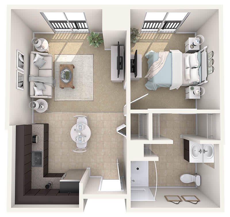 A detailed floor plan of a one-bedroom apartment featuring a living room, kitchen, and bathroom.