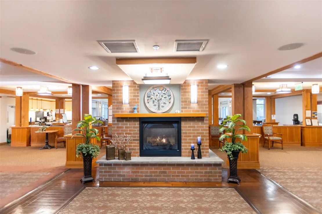 A cozy living room with a brick fireplace, flanked by plants and decorative elements.