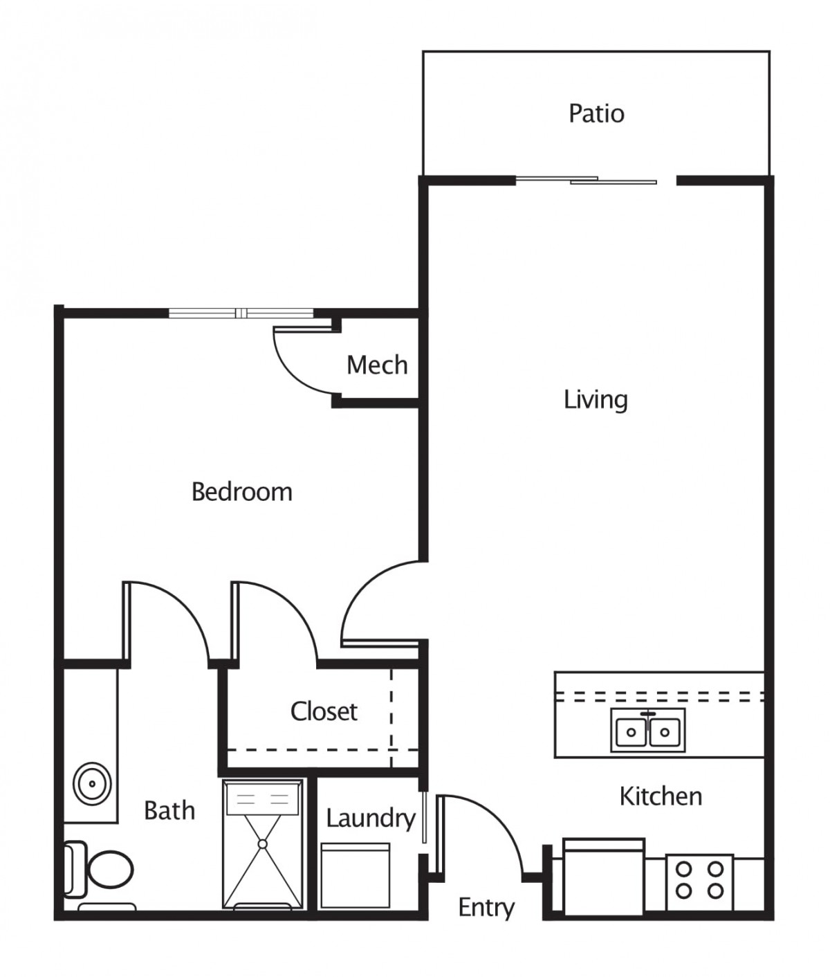 A one-bedroom apartment floor plan featuring living and kitchen areas, a bathroom, laundry space, closet, and patio.