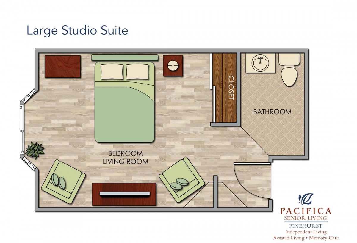 Floor plan of a studio suite with a bedroom, living area, and bathroom.