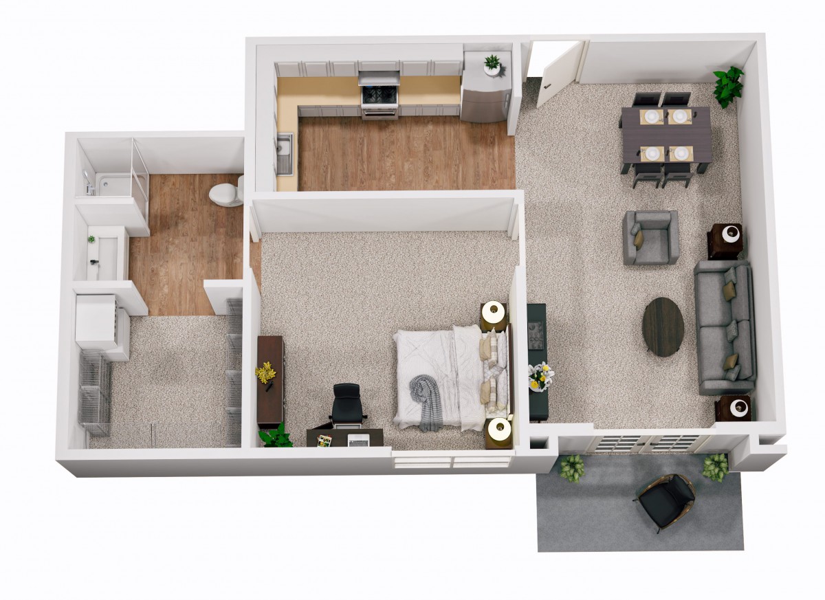 Aerial view of a one-bedroom apartment layout with living room, kitchen, and bathroom.