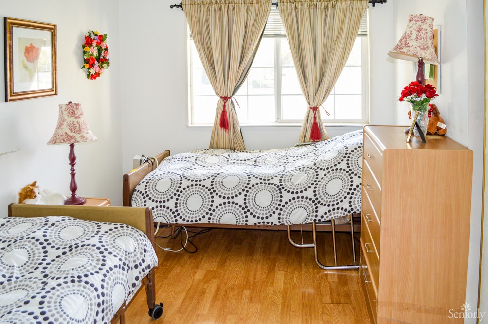 A cozy room with hospital beds, patterned bedding, and sunlight streaming through the windows.